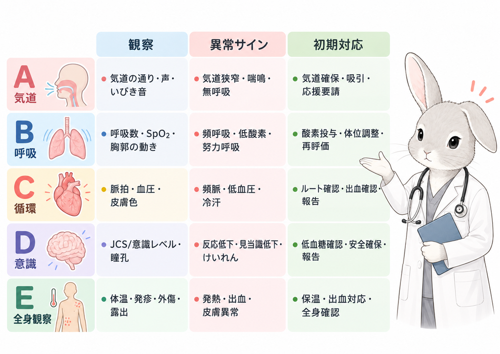 A〜Eそれぞれを、観察 → 異常サイン → 初期対応の3段構成でまとめる図