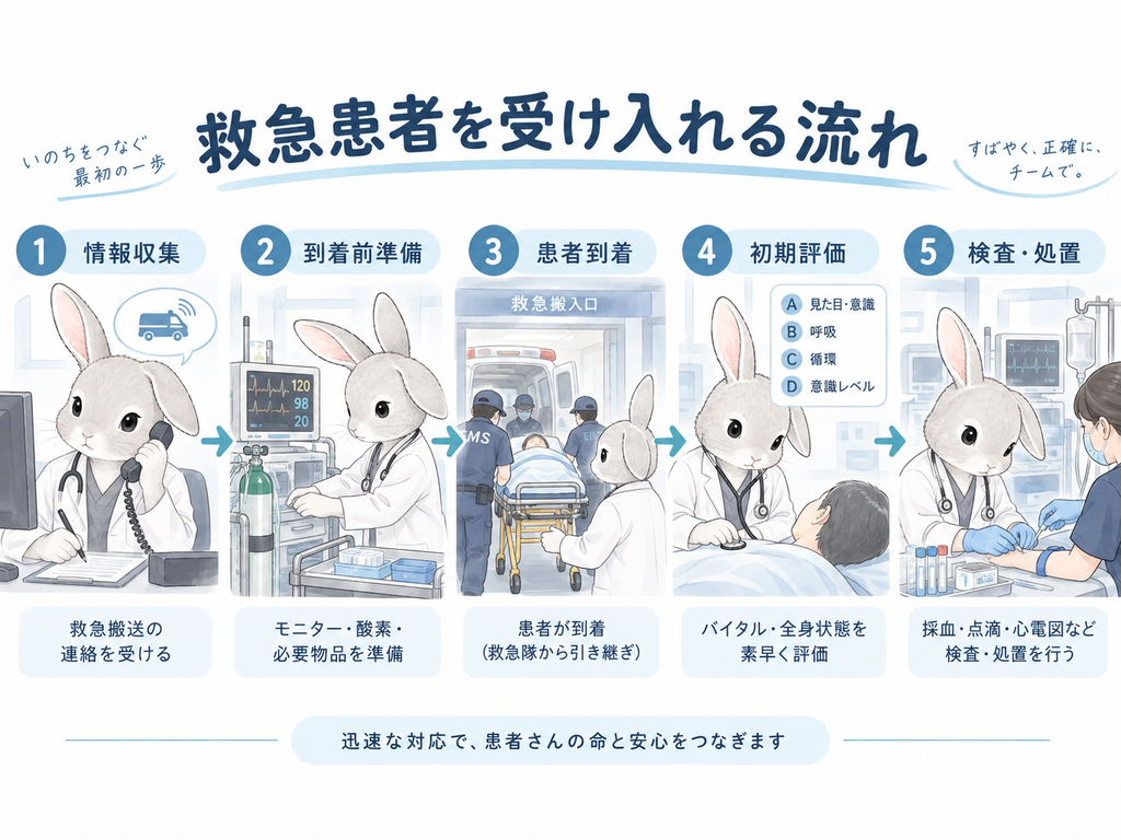 患者1人を受け入れる流れを場面