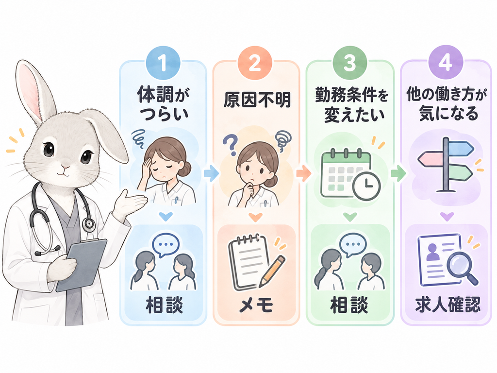 体調がつらい → 相談/原因不明 → メモ/勤務条件を変えたい → 相談/他の働き方が気になる → 求人確認の4ステップ図