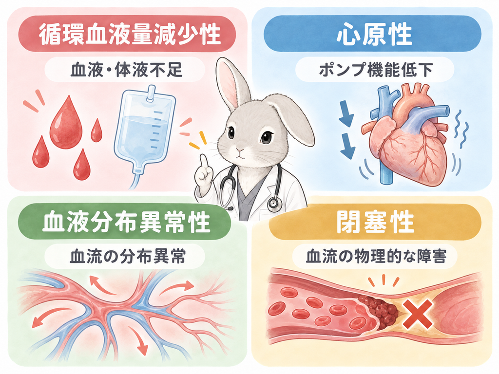 循環血液量減少性＝血液・体液不足／心原性＝ポンプ機能低下／血液分布異常性＝血流の分布異常／閉塞性＝血流の物理的な障害を、4分割の図