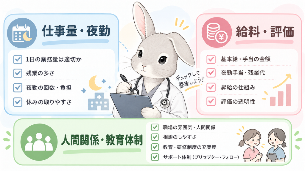 仕事量・夜勤/給料・評価/人間関係・教育体制の3分類を、ハクがチェックして整理する図
