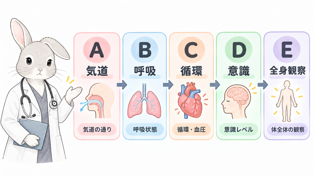 A 気道 → B 呼吸 → C 循環 → D 意識 → E 全身観察を横向きフロー