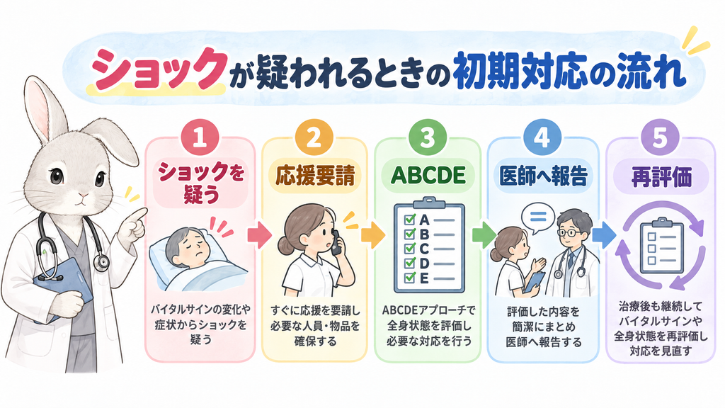 ショックを疑う → 応援要請 → ABCDE → 医師へ報告 → 再評価の横向きフロー