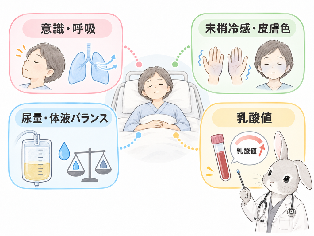 患者を中心に、意識・呼吸／末梢冷感・皮膚色／尿量・体液バランス／乳酸値を周囲に配置した観察ポイント図