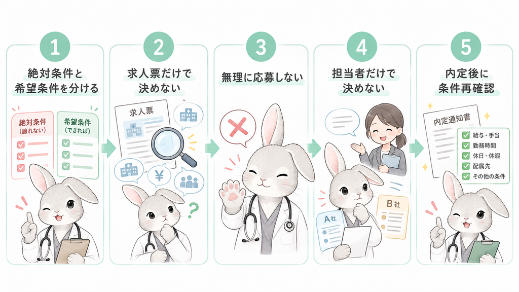 絶対条件と希望条件を分ける → 求人票だけで決めない → 無理に応募しない → 担当者だけで決めない → 内定後に条件再確認の5ステップ型