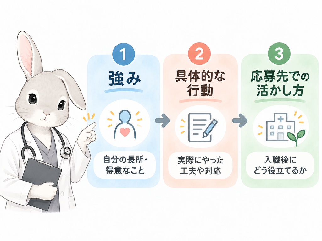 ①強み → ②具体的な行動 → ③応募先での活かし方の3ステップ図
