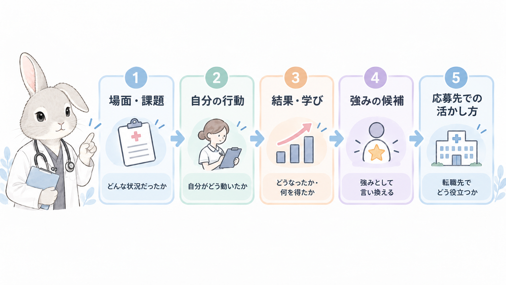 場面・課題 → 自分の行動 → 結果・学び → 強みの候補 → 応募先での活かし方という横向きフロー