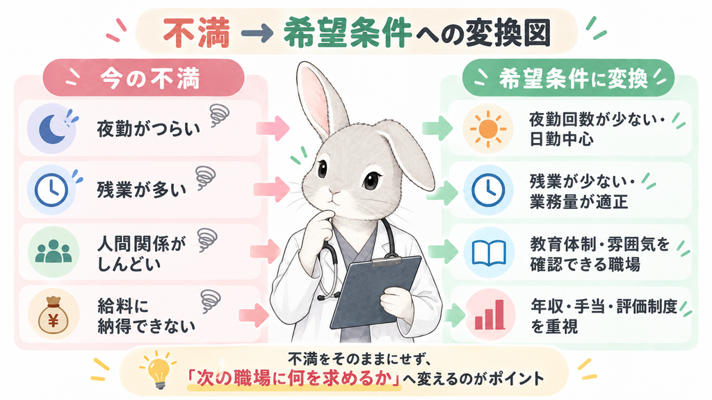 不満 → 希望条件への変換図