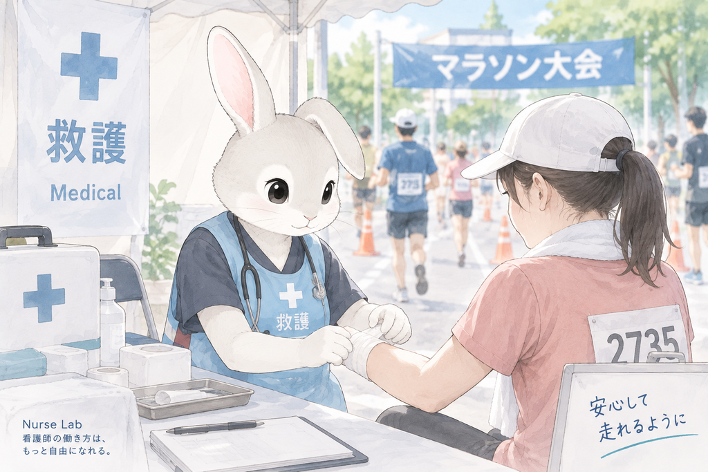 ハクがマラソン大会の救護スタッフとして待機・対応している場面