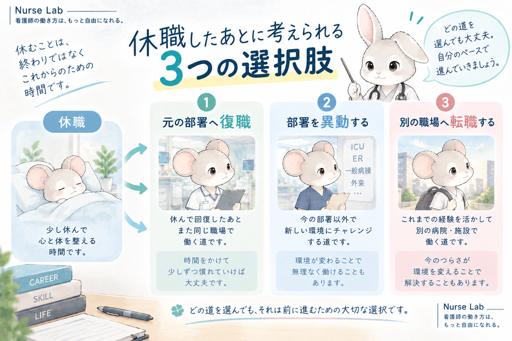 休職 →「元の部署へ復職」「部署異動」「別の職場へ」の3方向を示す図