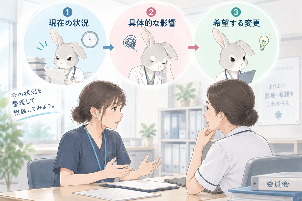 ハクが師長に相談しているイメージ＋「状況 → 影響 → 希望」の3要素