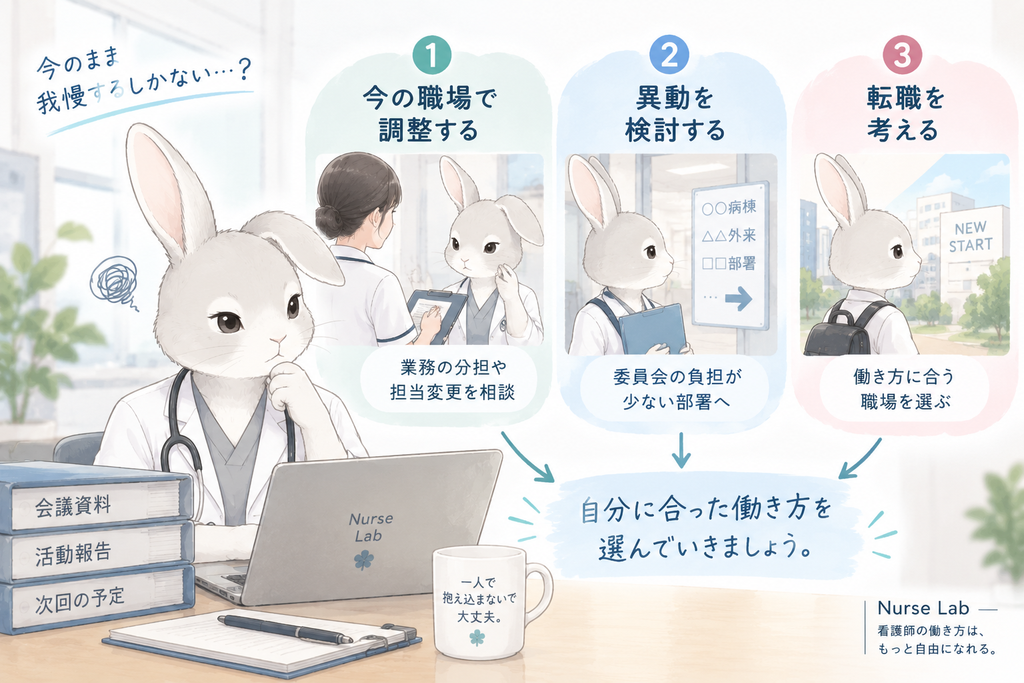 ハクが「今の職場」「異動」「転職」の選択肢を整理しているイメージ