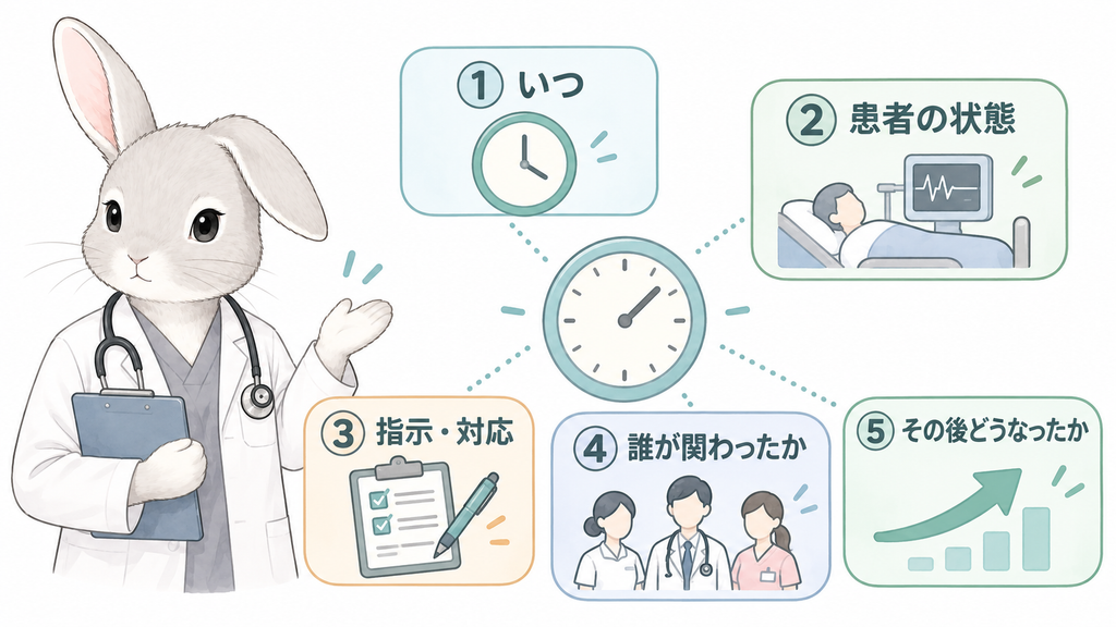 ①いつ ②患者の状態 ③指示・対応 ④誰が関わったか ⑤その後どうなったか の5項目