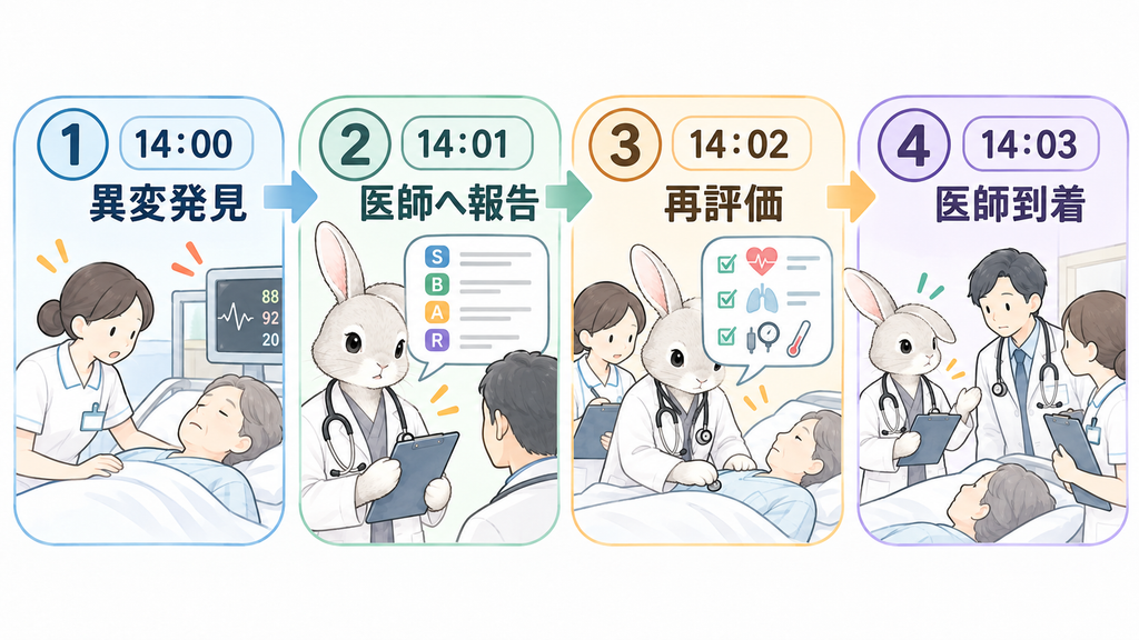 14:00 異変発見 → 14:01 医師へ報告 → 14:02 再評価 → 14:03 医師到着という教育用の時系列フロー