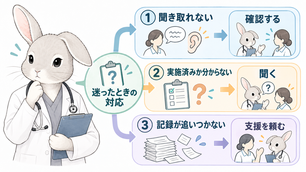 聞き取れない → 確認する／実施済みか分からない → 聞く／記録が追いつかない → 支援を頼むという判断図